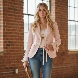 Vintage 1995 Laundry By Shelli Segal Ruffle Trim Tweed Blazer Light Pink Sz 4